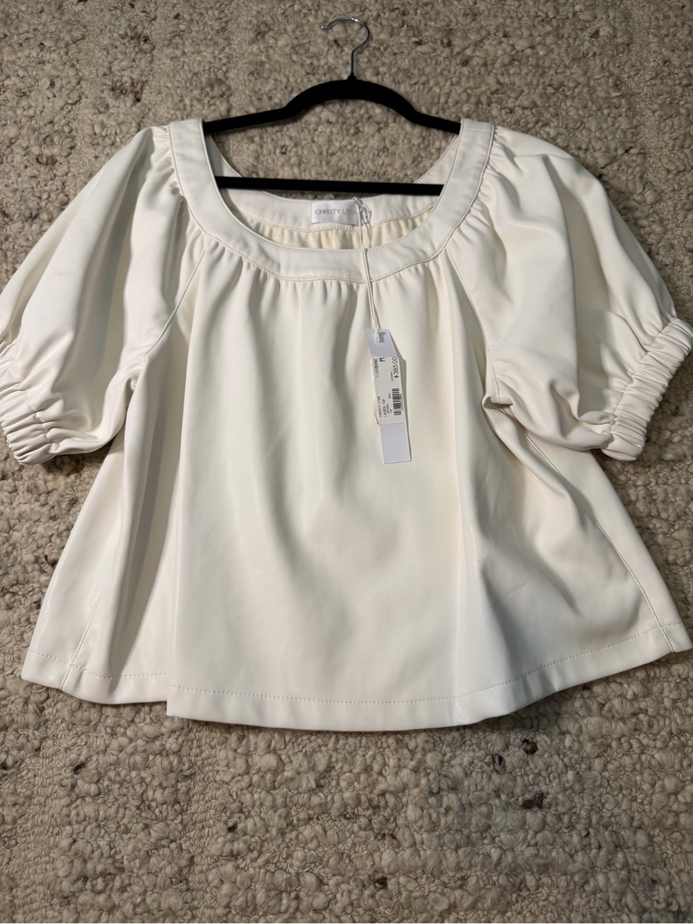 Vegan Leather Cream Puff-Sleeve Peasant Top - Cream